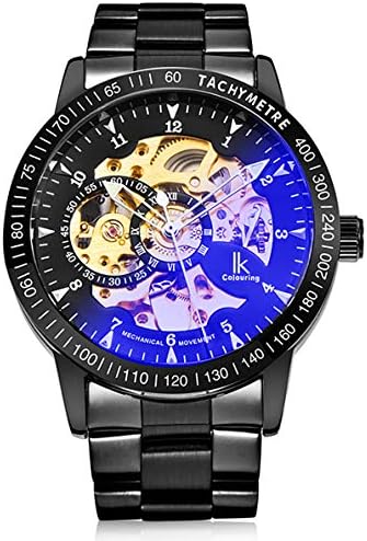 GuTe Casual Mens Black Steel Skeleton Automatic Mechanical Coated Glass Wristwatch Golden Dial