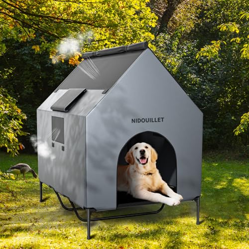Nidouillet Dog House for Large Breed 122CM Outdoor or Indoor, Weatherproof 600D PVC House Large Puppy, Breathable 2x1 Textilene Fabric Raised Dog Bed