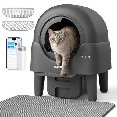Kveode Automatic Self Cleaning Cat Litter Box, 90L Large Capacity for Cats 2.2-15 lbs, APP Control with Smart Safety Sensors, Quiet Operation, Easy Clean Detachable Globe, Grayish Black