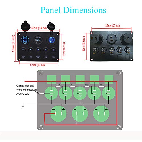 WUPP Marine Boat Rocker Switch Panel 5 6 8 Gang Waterproof ON Off Toggle Switches with Digital Voltage Display 3.1A Double USB Power Charger Adapter 12V Cigarette Lighter Socket for Car Truck Jeep