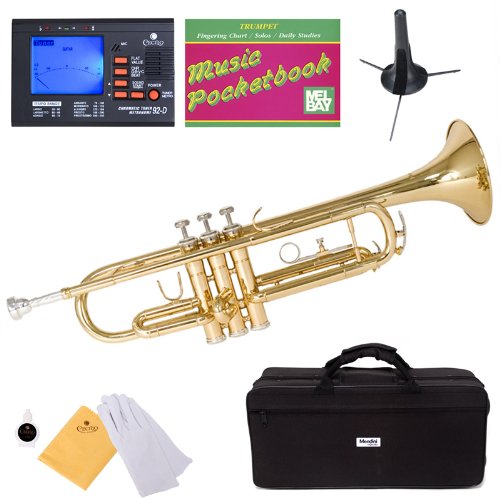 Mendini MTT-L Gold Lacquer Brass Bb Trumpet + Tuner, Case, Stand, Mouthpiece, Pocketbook & More