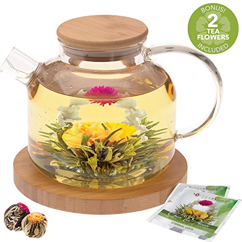 Teabloom Stovetop Safe Glass Teapot with Bamboo Lid (40oz/1200ml