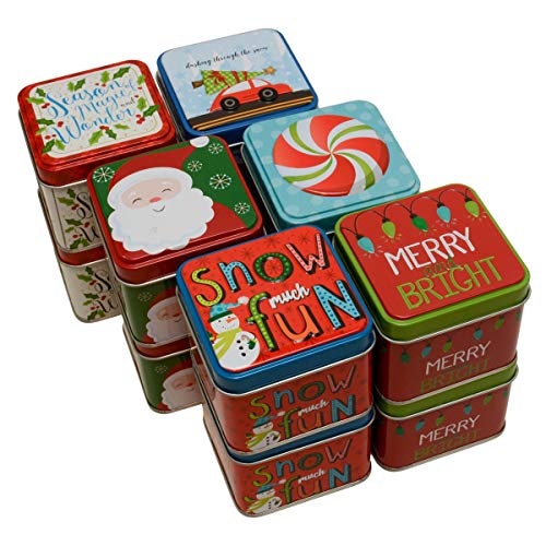 Christmas Extra Small Gift Boxes Tin Money Holder with Holiday Designs and Sayings, Cube Tins for Gift Giving Cash on Xmas (Set of 12)
