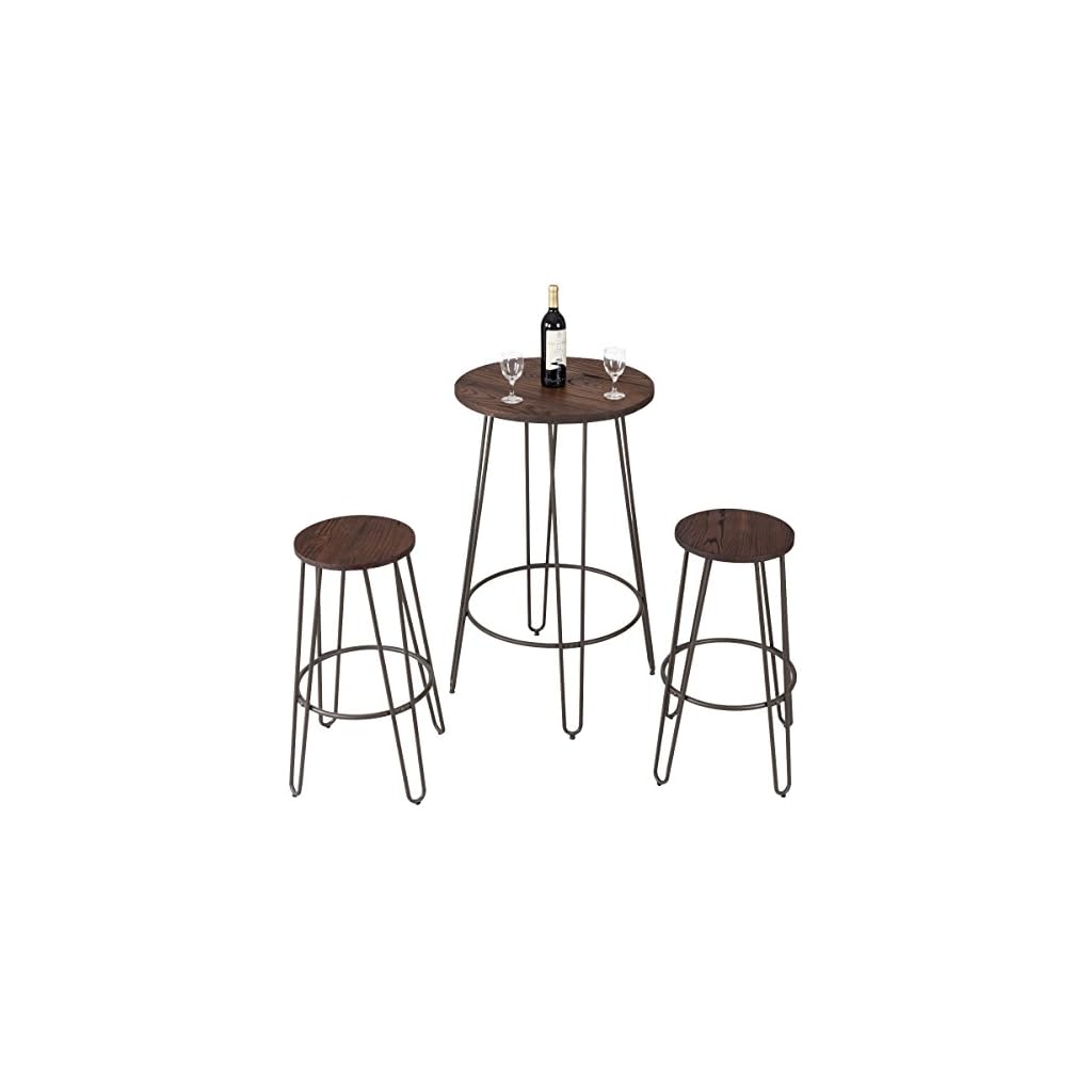 COSTWAY 3 Pieces Bar Table Set with 2 Stools Round Height Steel Pub