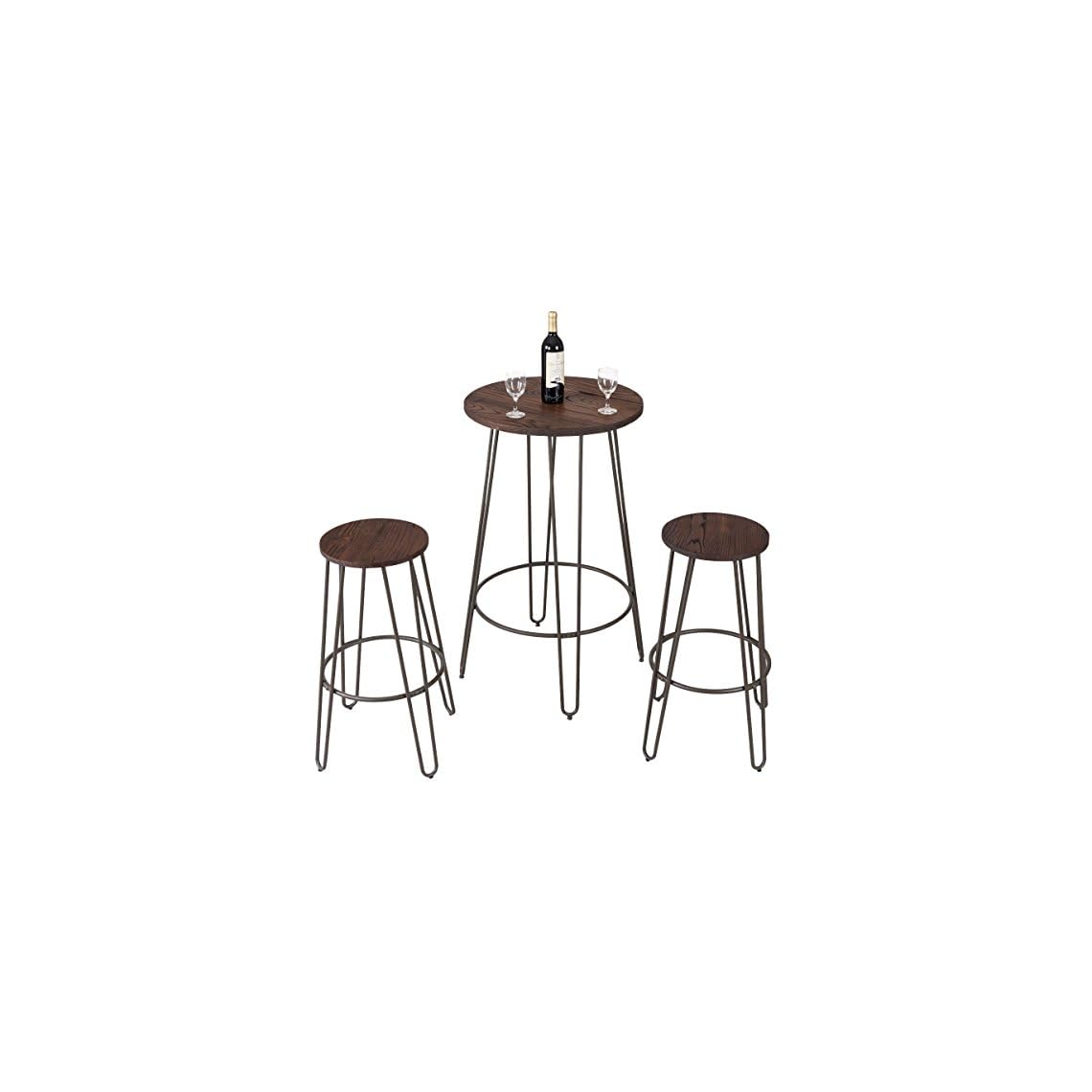 COSTWAY 3 Pieces Bar Table Set with 2 Stools Round Height Steel Pub