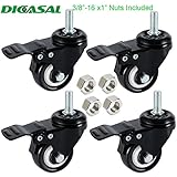 DICASAL 2" Stem Casters, Heavy Duty Swivel Stem Casters PU Foam Quite Mute No Noise Castors Markless Wheels Double Bearings and Locks Loading 300 Lbs Pack of 4 with Brake Black