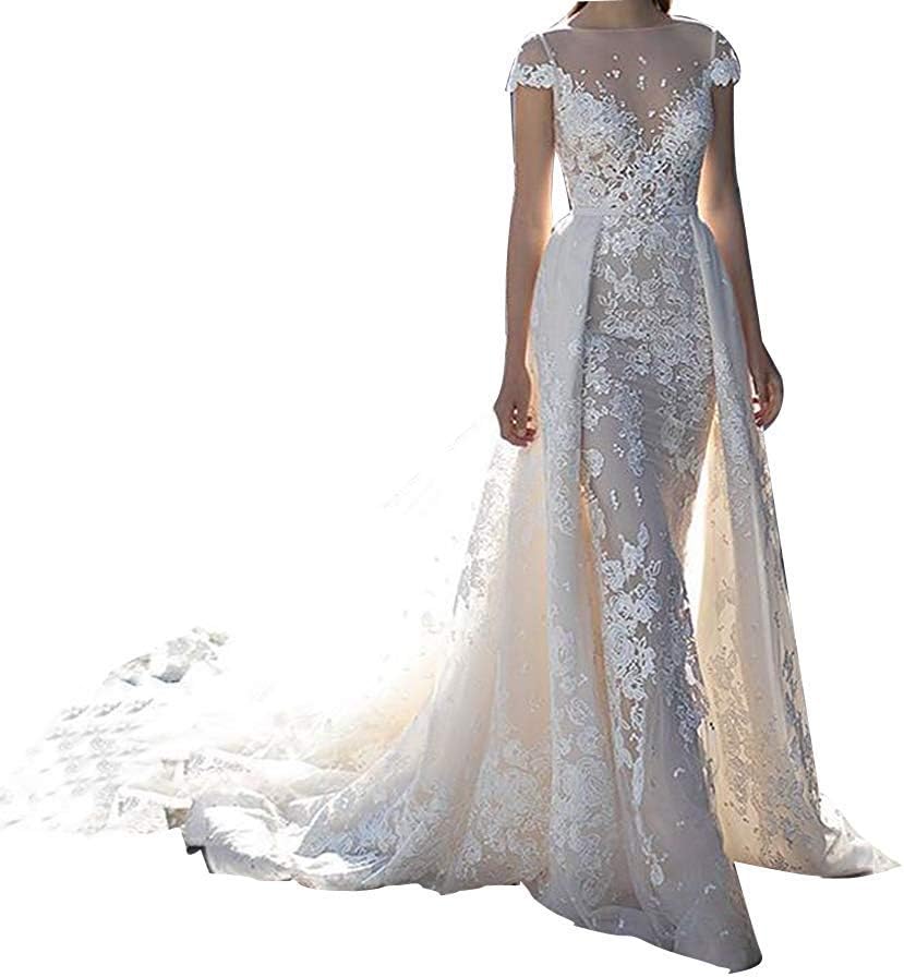 CGown Illusion Jewel Lace Applique Mermaid Wedding Dresses with Detachable Train Bridal Ball Gowns