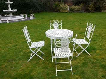Wrought Iron 5 Piece White Bistro Style Garden Patio Furniture Set