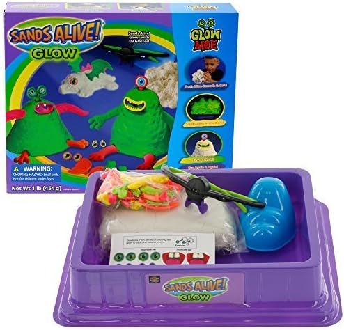 Play Sand Deluxe Monster Set - 1lb Glow In The Dark Sand with UV Light Pen, Glasses, Molds, and Playmat by Sands Alive