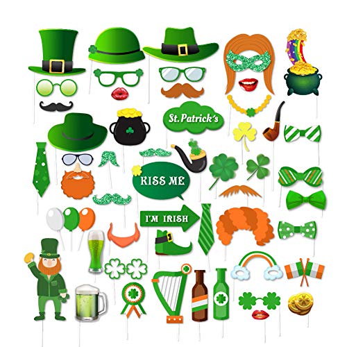 CC HOME St Patrick's Day Decorations,Saint Irish Party Supplies,Shamrock Clover Photo Booth Props,St. Patrick`s Day Party Favors Mustaches &Hat & Glasses& Beer &Leprechaun Props- 55Pcs