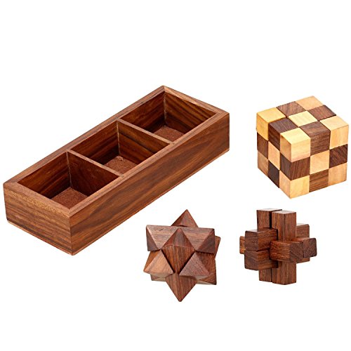 Indian Glance 3D Puzzles for Adults | Kids | Teens | Boys | Girls | Fun- Includes Wood Interlocking Blocks, Diagonal Burr, and Snake Cube in Storage Box - Wooden Puzzle Games Set