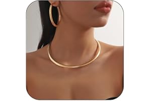 Vivian&CD Gold Choker Necklaces Earrings Set for Woman, Simple Metal Collar Necklace Earrings Set Open Round Clavicle Chain Earrings