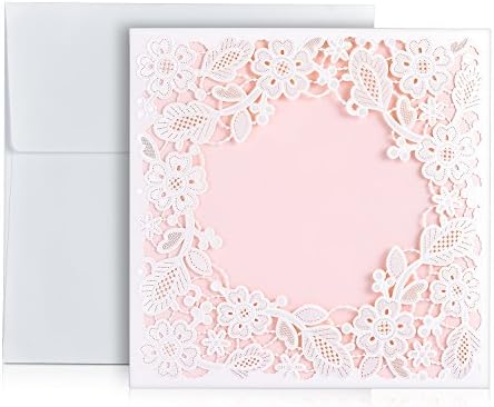 WEBO 20pcs White Tri-fold Laser Cut Square Wedding Invitation Card Kits with Hollow Floral Favors Bridal Shower Engagement Birthday Baby Shower Quinceanera