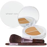 Sheer Cover &ndash; Flawless Face Kit &ndash; Perfect Shade Mineral Foundation &ndash; Conceal &amp; Brighten Highlight Trio &ndash; with FREE Foundation Brush and Concealer Brush &ndash; Tan Shade &ndash; 4 Pieces