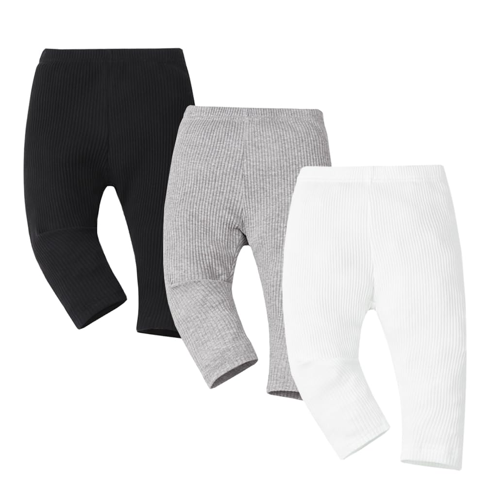 Photo 1 of Bafeicao 3 Pack Newborn Baby Boy Girl Pants Ribbed Elastic Waist Infant Pant Unisex Baby Leggings Bottoms Clothing Spring Fall, Black+White+Grey, 3-6M