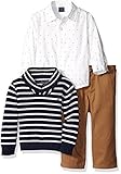 Nautica Baby Three Piece Set with Woven Shirt, Striped Shawl Sweater, and Twill Pant, Sport Navy, 24 Months