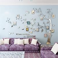 Kenmont Large Family Tree Wall Decals 3D DIY Photo Frame Wall Stickers Crystal Acrylic Mural for Living Room Sofa TV Art Wall Background（Silver-L-Right）