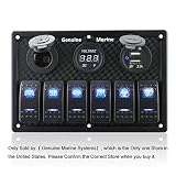 6 Gang Waterproof Rocker Switch Panel Blue LED Digital Display Voltmeter Dual 5V USB Charger Socket DC 12V Slot, 5 Pin Lighting Toggle Switches with 15A Fuse for RV Truck Car Marine Boat Vehicle