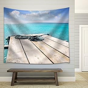 Formentera Beach Wood Pier Over Turquoise Water from Balearic Mediterranean Sea Paradise - Fabric Wall Tapestry Home Decor - 51x60 inches