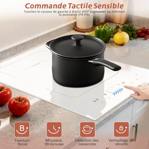Cooksir White Induction Hob with 2 Burns, Built-in Induction Hob 30 cm with Plug, Flexible Zone, 3500 W, Touch Slider, Safety Lock, 230 V, 16 A