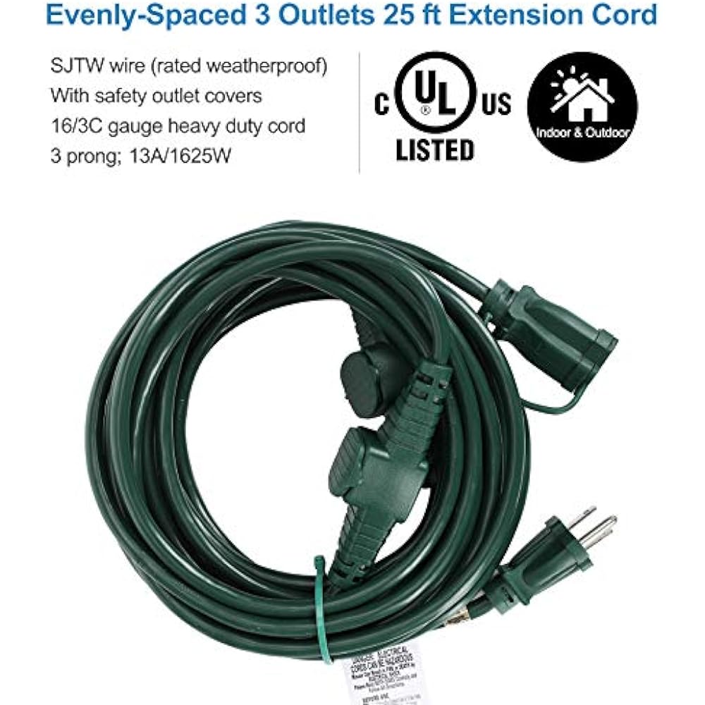 25 Ft Outdoor Extension Cord Multiple Outlets, Evenly Spaced 3 Plugs