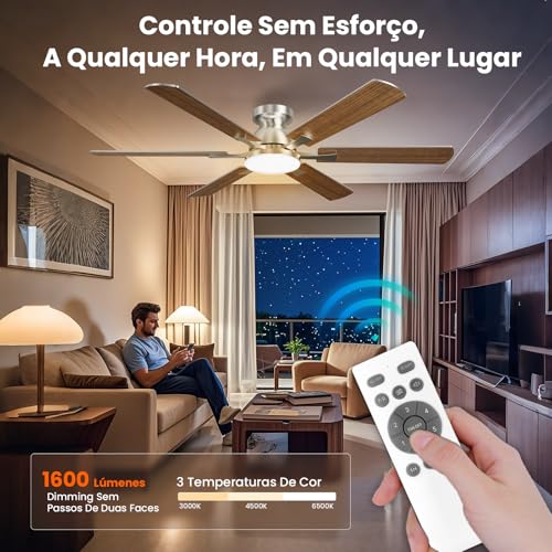 Ventilador de Teto com Controle Remoto, 127/2220V, 132.08cm, 6 Velocidades Função Reversa Luz LED 3 Cores com Memória Motor BLDC Silencioso