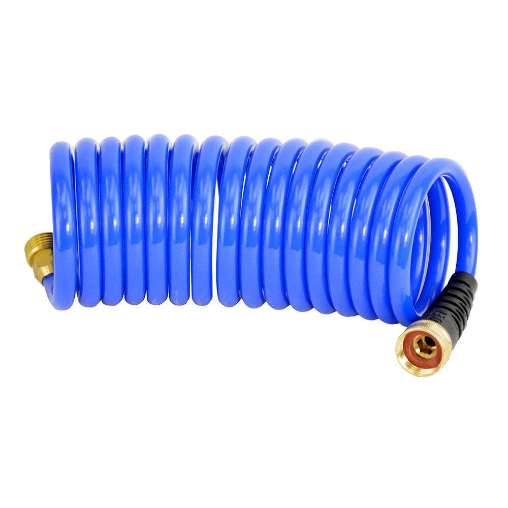 Photo 1 of HoseCoil 3/8 inch ID Self Coiling Garden, RV, Marine Outdoor Water Hose (15' Blue)