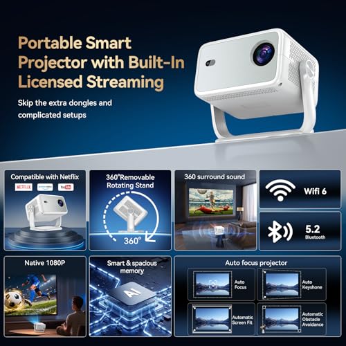 Smart 4K Projector【Officially-Licensed APP & Auto Focus & Keystone】,1080P FHD WiFi6 Bluetooth Portable Projector,360° Rotatable Home Cinema Projectors for Bedroom/Outdoor/Phone