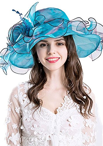 Obosoyo Women Foldable Organza Church Derby Hat Ruffles Wide Brim Summer Beach Sea Sun Hats Blue