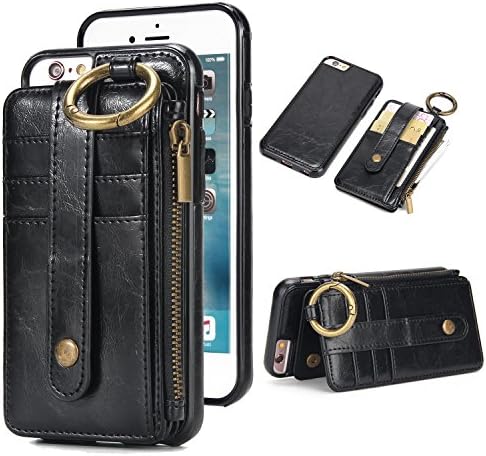 Wisecoco iphone 8/7 Wallet Case with Card Holder,iphone 7 Leather Case,Magnetic Detachable Slim Shockproof Car Phone Cover,Credit Card Holder Strap Slot with Zipper Pocket For Apple iphone 8/7 (Black)