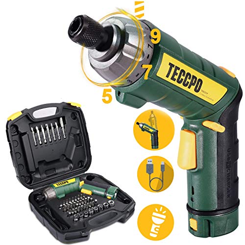 Cordless Screwdriver, 6Nm TECCPO Electric Screwdriver, 4V 2000mAh Li-ion, with 45 Free Accessories, 9+1 Torque Gears, Adjustable 2 Position Handle with LED, USB Rechargeable - TECCPO TDSC01P