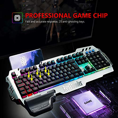 RedThunder K900 Gaming Keyboard - RGB Backlight, Phone Holder, Hand Rest, Brushed Metal Cover, 25 Keys Anti-Ghosting - Durable, Ergonomic, Quiet, Waterproof - Computer Laptop PC Mac Gamer