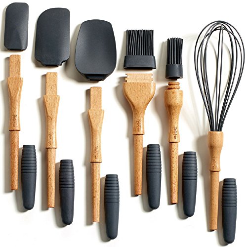 PortoFino 6 Pc. Baking Utensil Set â€“ Beech Wood & Silicone â€“ Cooking / Kitchen Tools â€“ 9â€ Large Spatula, Small Spatula, Spoon Spatula, Flat Pastry Brush, Round Pastry Brush, 12â€ Whisk, Gray