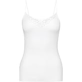 Calida Lace Tank Tops for Women – 100% Cotton Camisole Top with Adjustable Straps, White Lacey Cami with St. Gallen Lace Trim