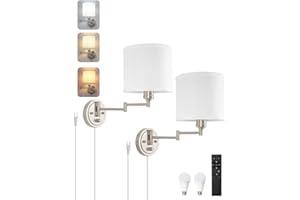 GOODATE Plug in Wall Sconces with Remote Control, Dimming & Adjustable Colors 2700K-6500K, Hardwire or Plug-in, Swing Arm Wall Lamp with White Fabric Shade, Wall Sconces Set of Two, Brushed Nickel Finish
