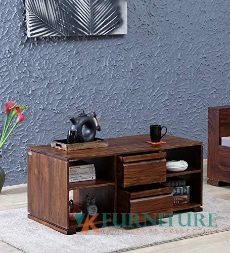 VK Furniture Sheesham Wood Rectangle Center Table for Living Room | Wooden Coffee Table | with 2 Drawers & 2 Shelves | Provincial Teak Finish
