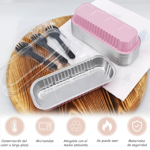 Moldes para pasteles con tapa, 100 mini moldes para pan de aluminio, 100 cucharas de postre con tapa, reutilizables, 6.8 oz, 200 ml, horneables, aptos para pasteles, brownies (rosa)