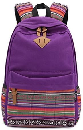 Stripe Canvas School Backpack College Campus Bag Rucksack Satchel Travel Sports Outdoor Travel Gym Bag Schoolbag for Teens Girls Boys Students (Purple)