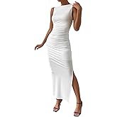 Yknktstc Women's Maxi Dresses Fall 2025 Sleeveless Ruched Bodycon Solid Side Slit Cocktail Wedding Guest Dress