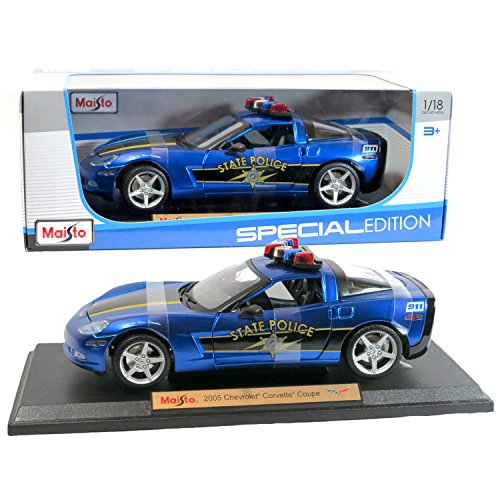 Maisto Year 2015 Special Edition Series 1:18 Scale Die Cast Car Set - Blue Color 2005 State Police Cruiser CHEVROLET CORVETTE COUPE with Display Base (Car Dimension: 9" x 4" x 2-1/2")