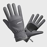 Winter Thermal Cycling Gloves, Windproof Faux Leather with Adjustable Drawstring & Touchscreen Fingers, Non-Slip Grip for Cold Weather Biking, Black and Grey