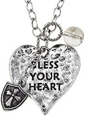 Women's Worn Silver "Bless Your Heart" Necklace. Cross Charm. Imitation Pearl Accent.