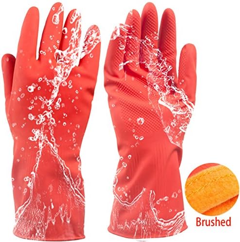 olyclass Plus Cashmere Short Dishwashing Gloves Quality Natural Rubber Home Warm Laundry Waterproof Household Gloves 1Pairs Red