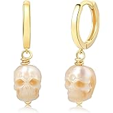 Skull Pearl Huggie Hoop Earrings, 14K Gold Plated 925 Sterling Silver, Hand-Carved Pearl Skull Dangle, Gothic Minimalist Gift for Women