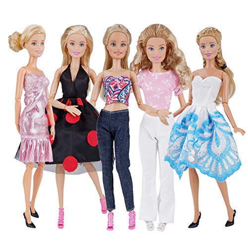 E-TING Lot 15 Items = 5 Sets Fashion Casual Wear Clothes Outfit Party Dress with 10 Pair Shoes for Girl Doll