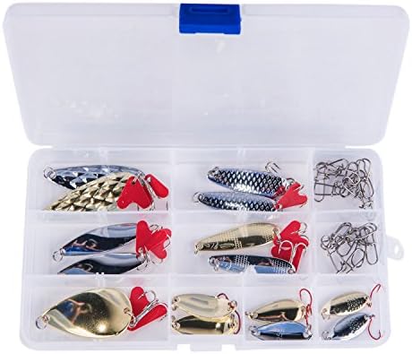 GemanFish Hard Blade Metal Spoon Fishing Lure Set with Treble Hooks in a Plastic Tackle Box for Saltwater Freshwater Trout Crank Bait Bass Trout Walleye Carp Salmon Catfish
