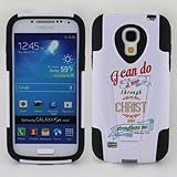 Fincibo (TM) Samsung Galaxy S4 mini I9190 Hybrid Dual Layer Protector Cover Case Gel Silicone With Stand - Christian Bible Verse Philippians 4:13, White/ Black