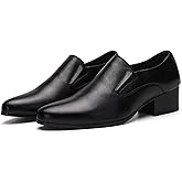 OXNEUHG Men's Genuine Leather Chunky Heel Dress Loafers Fashion Classic Pointed Toe Low Top High Heel Slip On Oxford Shoes Casual Business Office Wedding Formal Shoes