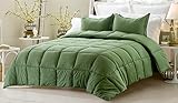 3pc Reversible Solid/ Emboss Striped Comforter Set- Oversized and Overfilled - 2 bedding looks in 1 - King-Dark Green