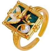 Kokoma Vintage Baroque Lily Floral Ring for Women Geometry Square Statement Finger Rings Delicate Pearl Flower Wedding Adjustable Open Band Jewelry